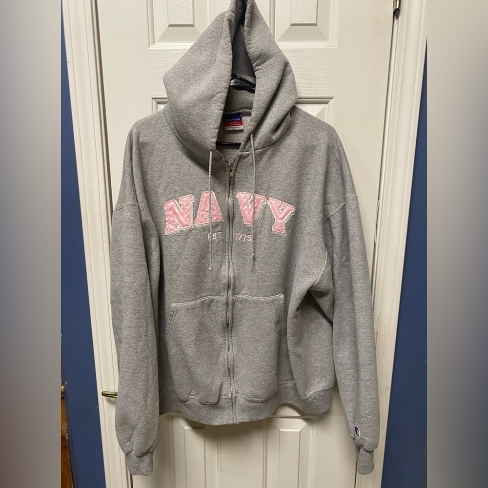 Champion Eco Fleece Hoodie US Navy Women XL Pink Lettering Full zip closure